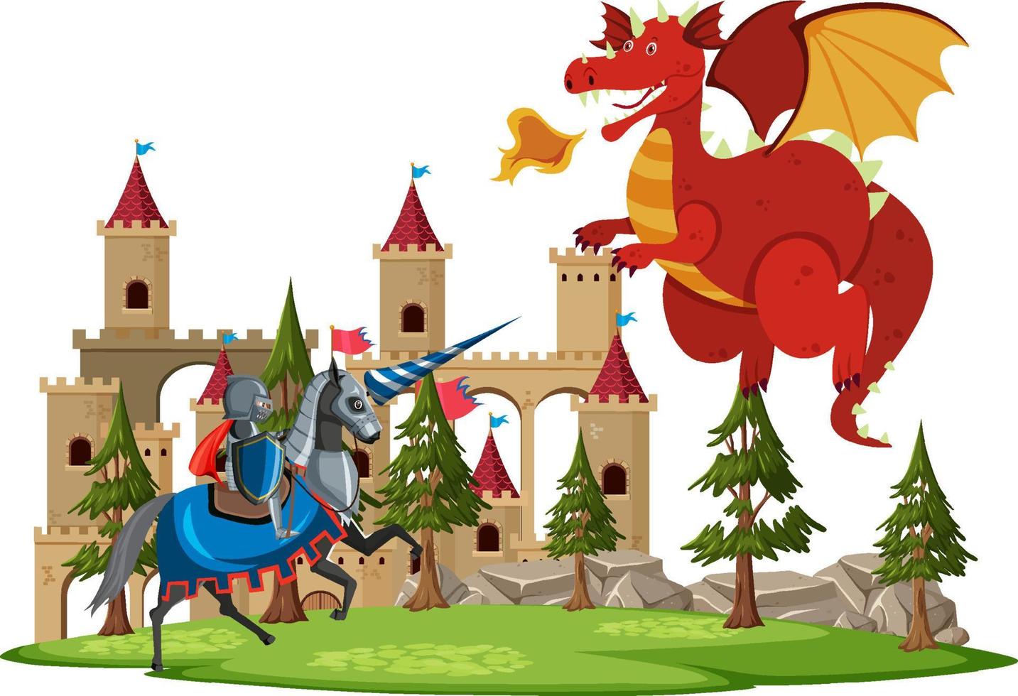 Scene with knight and dragon in fairytale land vector