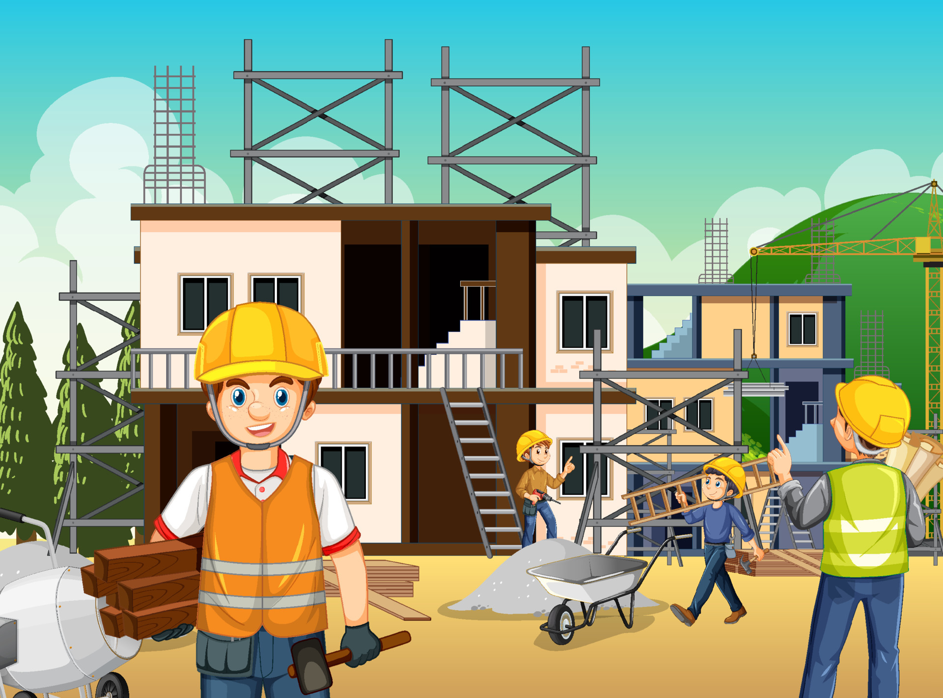 Building construction site with workers 6591384 Vector Art at Vecteezy Building construction site with workers 6591384 Vector Art at Vecteezy