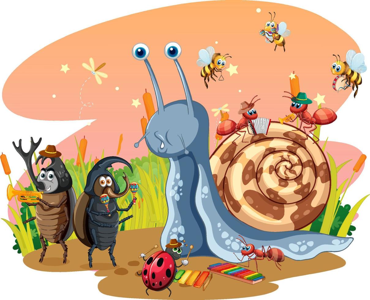 Cute snail and insects in cartoon style vector