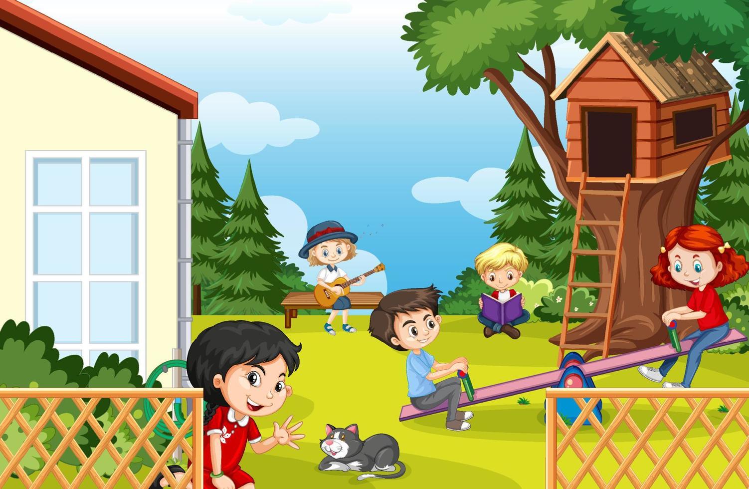 Scene of backyard with kids and fence vector