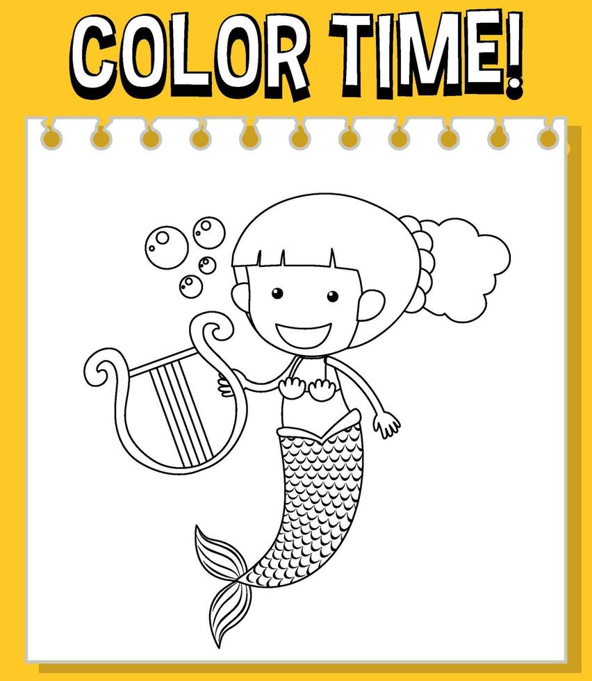 Worksheets template with color time text and Mermaid outline vector