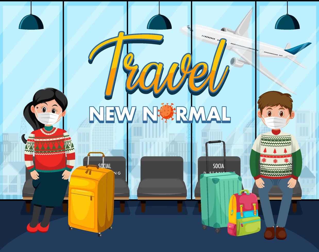 In airport terminal scene with passengers wearing mask vector