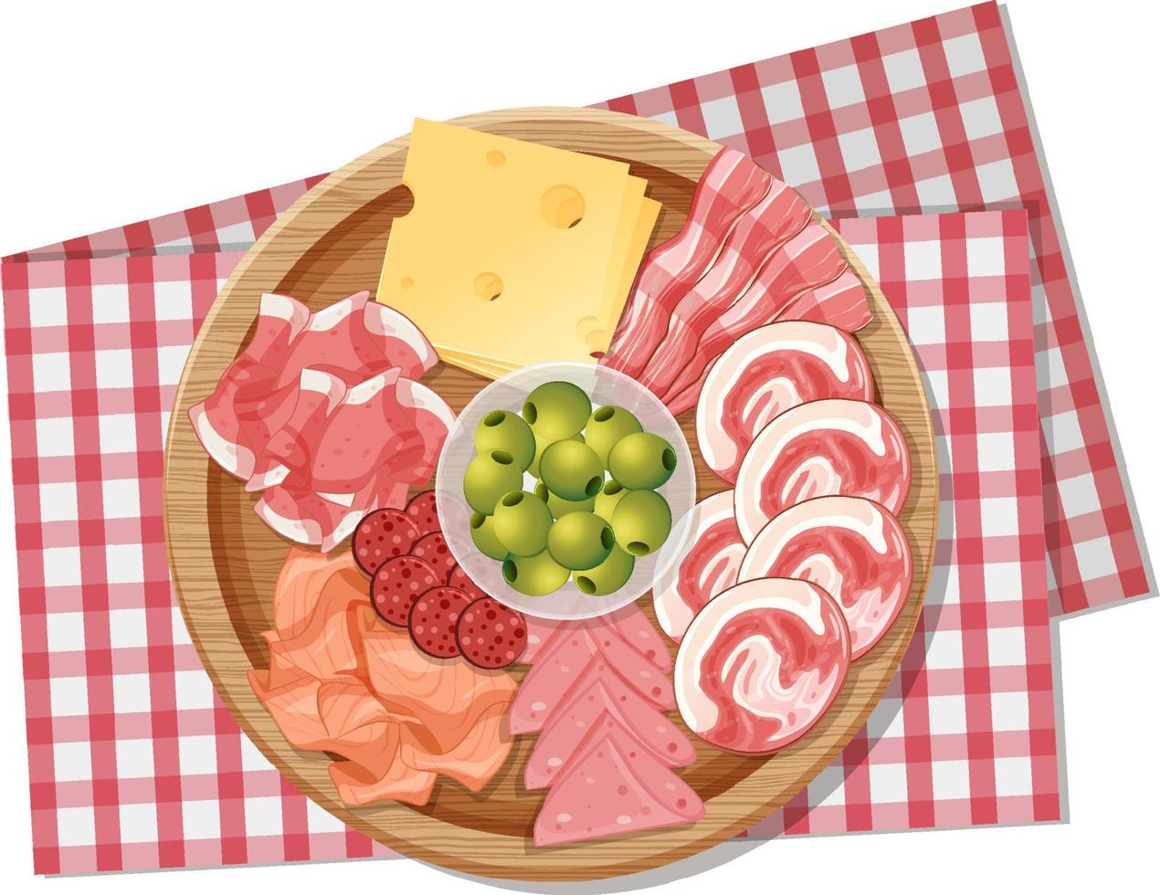 Top view of lunch meat on a wooden tray vector