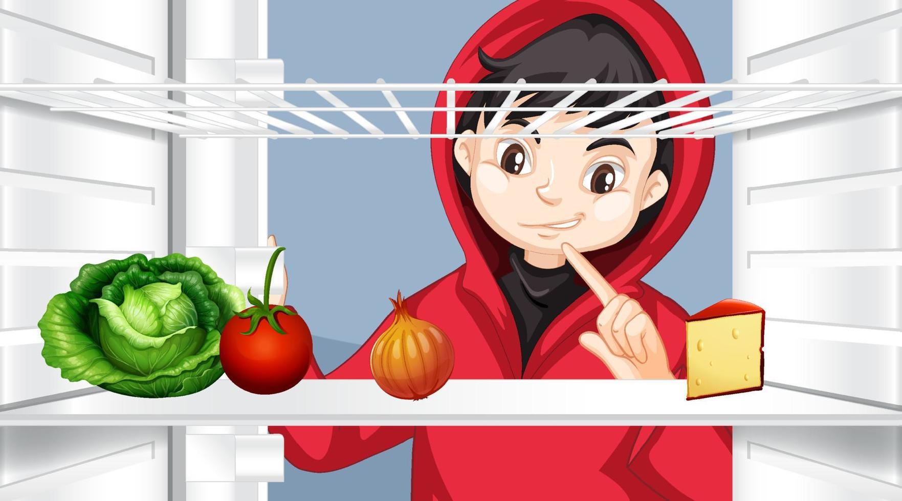 Boy looking at food in the fridge vector