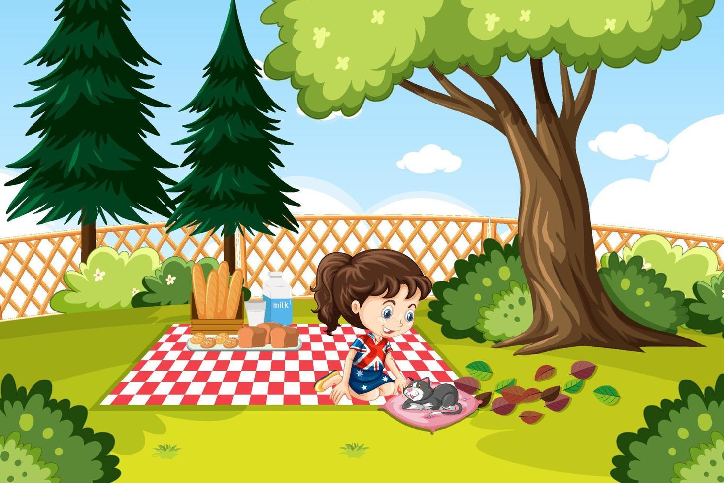 Scene with little girl playing kitten in garden vector