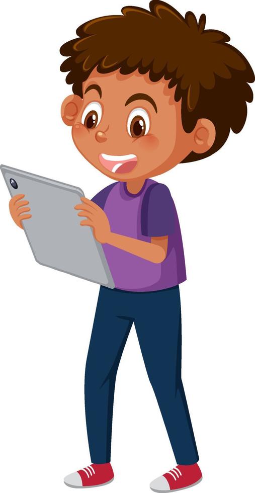 Happy boy looking at tablet vector