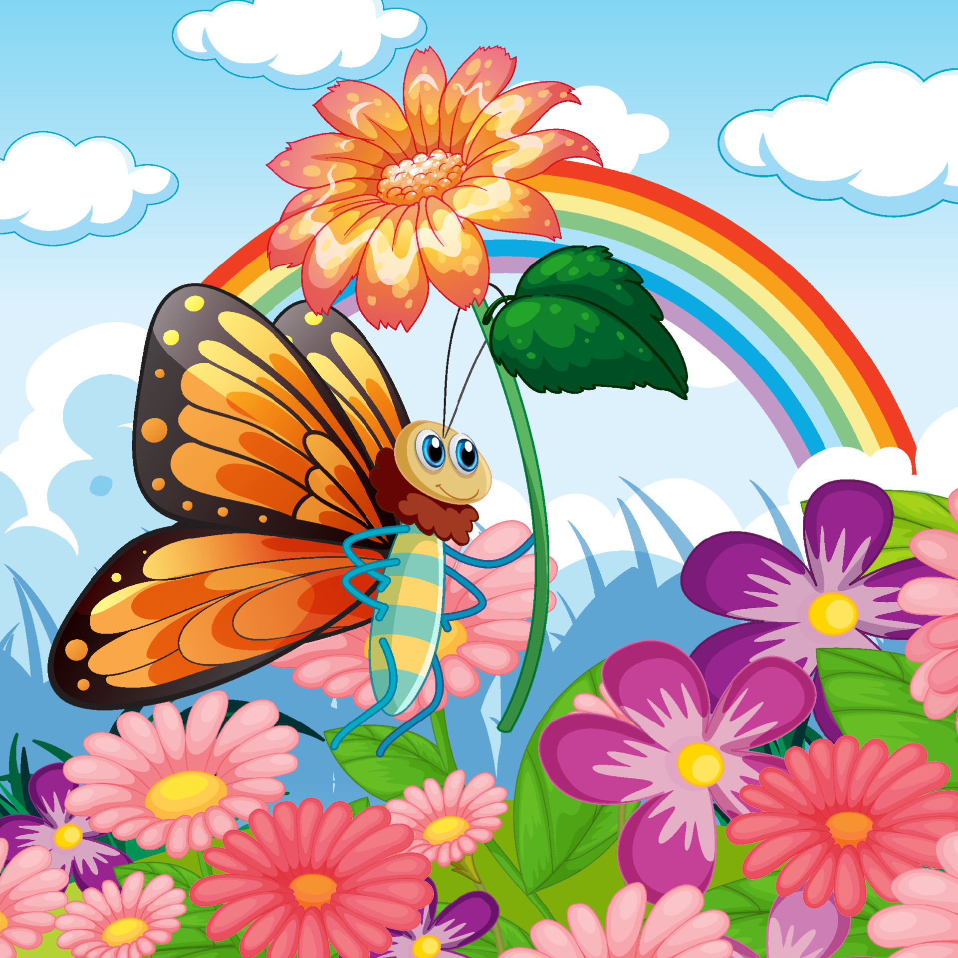 Flower field with cartoon butterfly holding flower 6591482 Vector Art at Vecteezy
