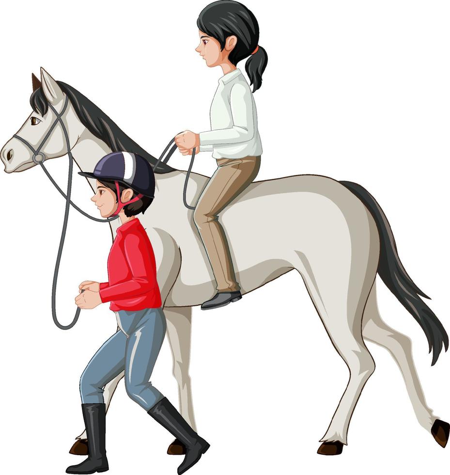 A girl riding on a horse with hostler on white background vector