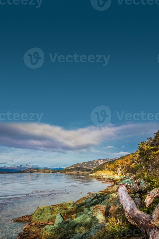 Cover page over beautiful sunset at Ensenada Zaratiegui Bay in Tierra del Fuego National Park, Beagle Channel, Patagonia, Argentina, early Autumn. photo