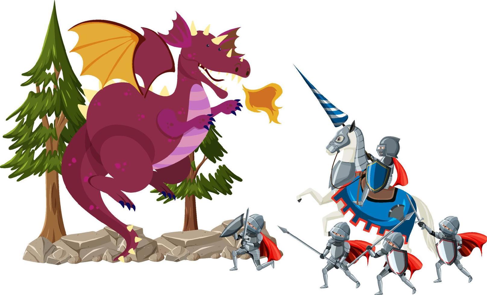 Armored warriors fighting with ancient dragon vector