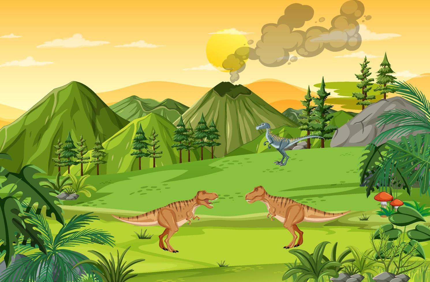 escena de la naturaleza con árboles en las montañas con dinosaurio vector