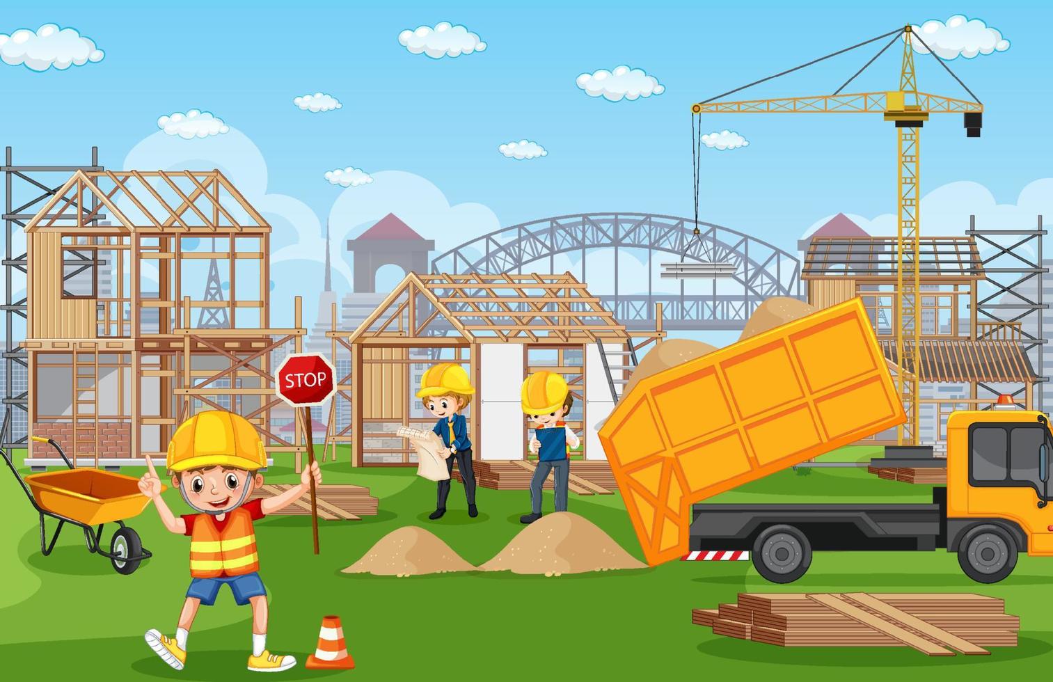 Building construction site and workers vector