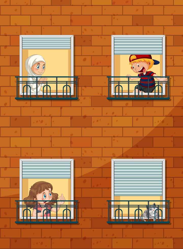 ventanas de apartamentos con personajes de dibujos animados de vecinos vector