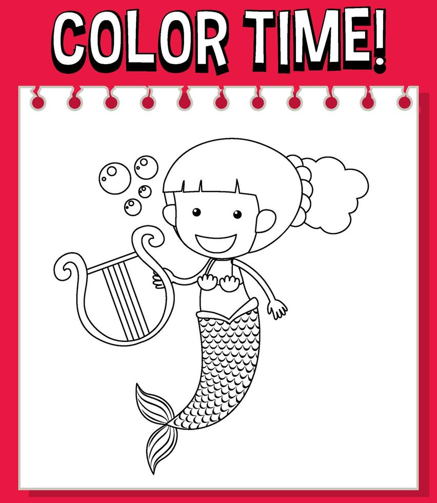Worksheets template with color time text and Mermaid outline vector