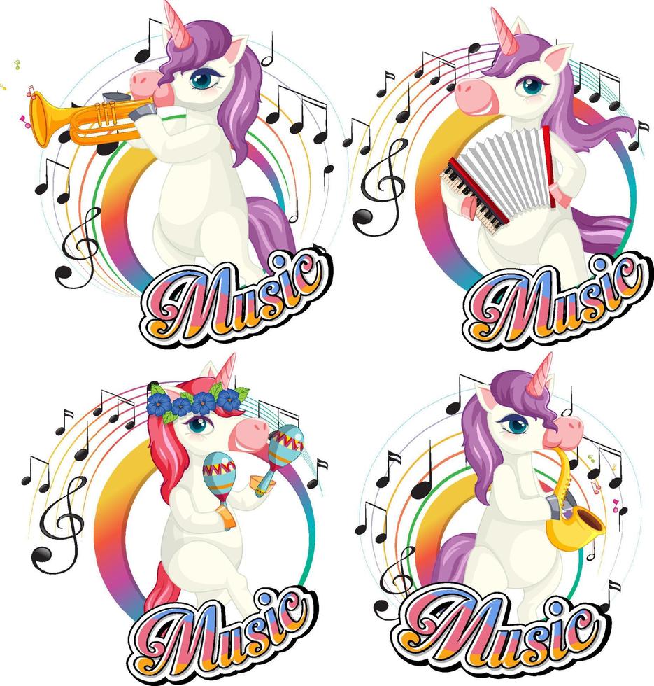 Set cute unicorn playing musical instruments with music notes on white background vector