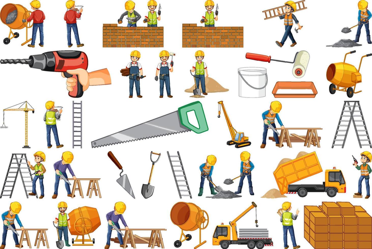 Construction worker set with man and tools vector