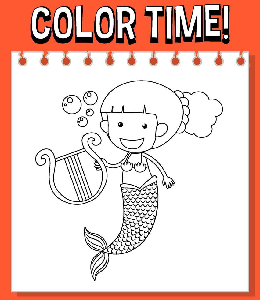 Worksheets template with color time text and Mermaid outline vector