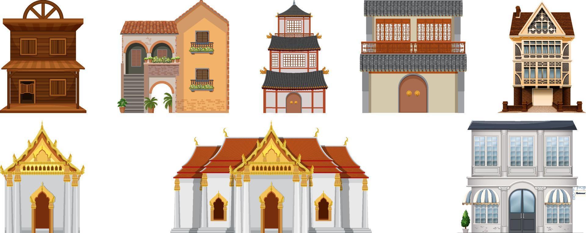 Different designs of buildings on white background vector