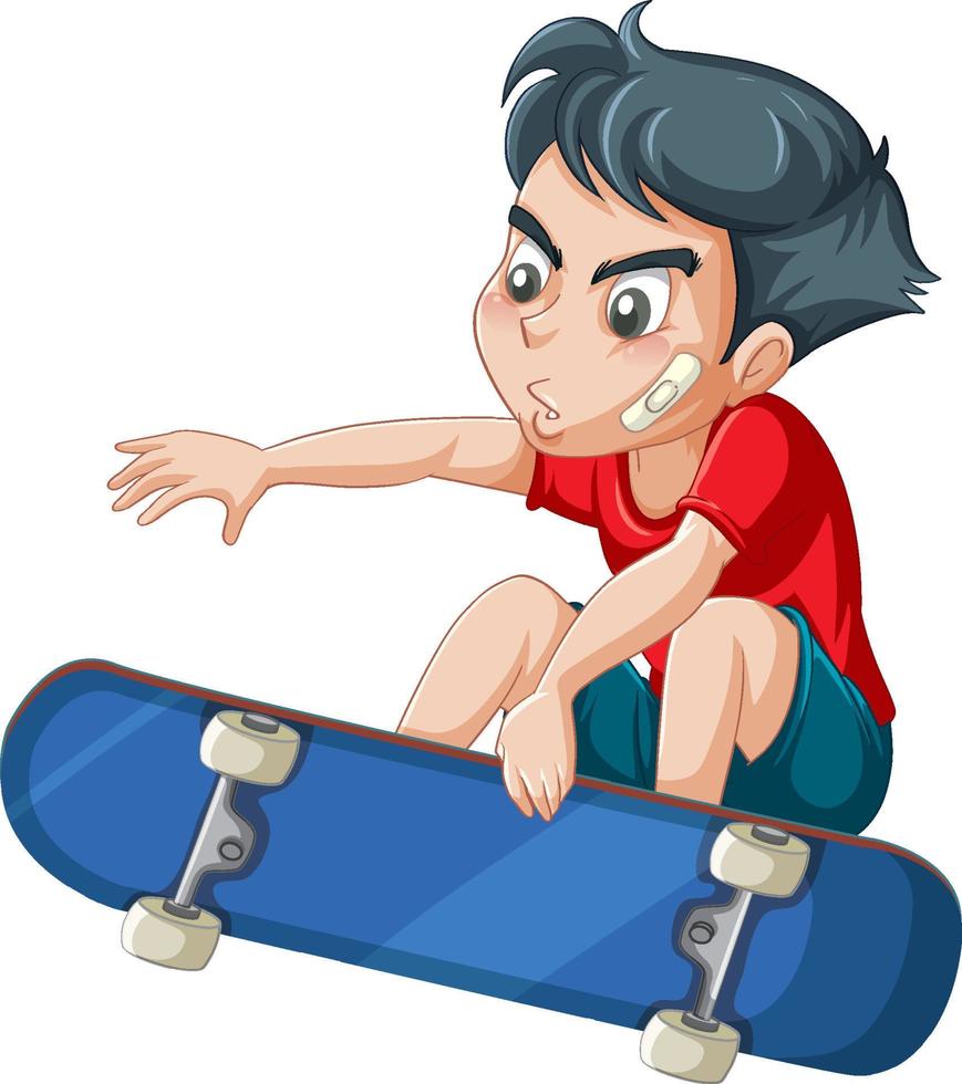 un niño jugando patineta sobre fondo blanco vector