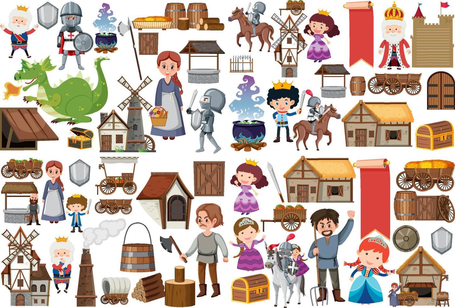 Medieval characters buildings set vector