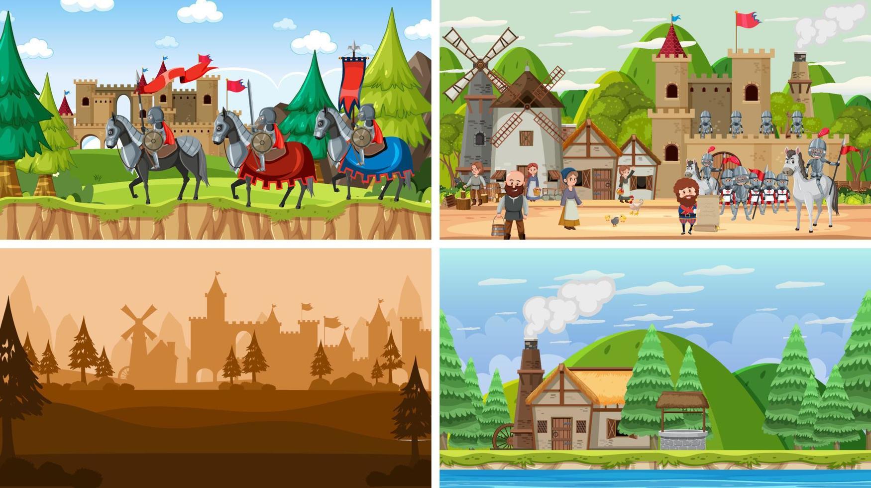 Set of different scene medieval with silhouette vector