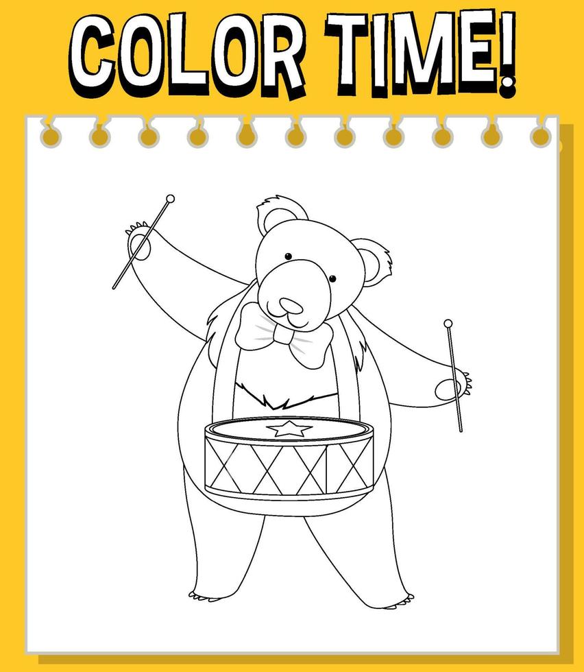 Worksheets template with color time text bear with drum outline vector