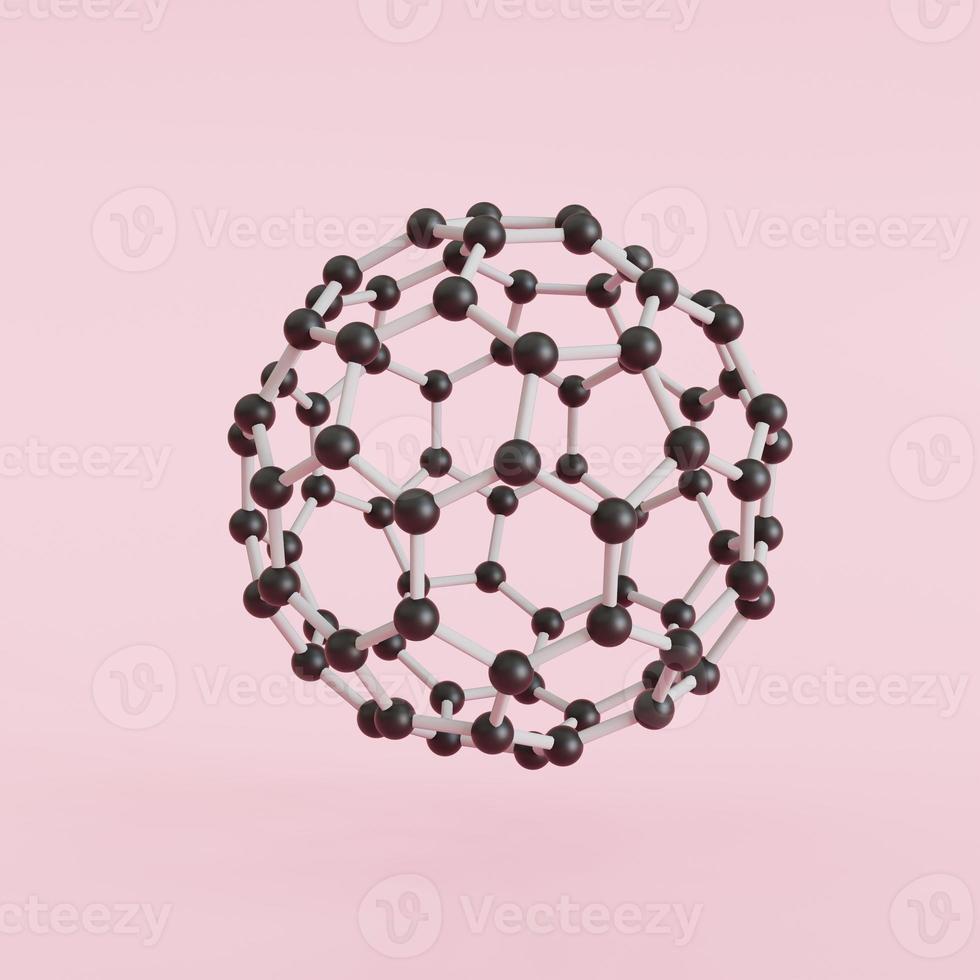estructura de moléculas y bolas de bucky, concepto de biotecnología, representación 3d. foto