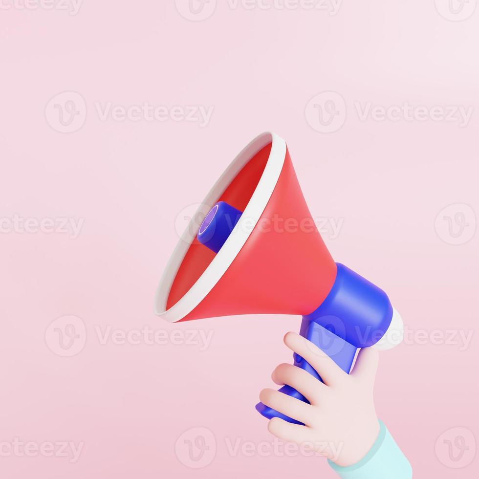Cartoon hand in holding megaphone loudspeaker over pink background. 3d render illustration. photo