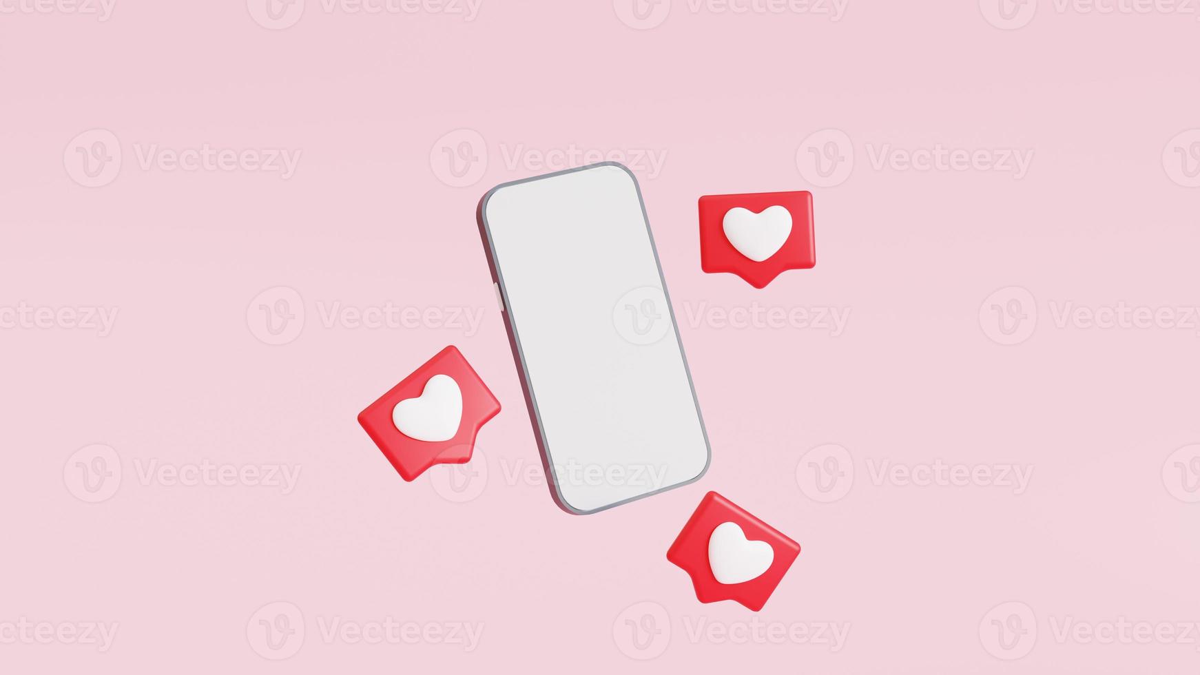 pantalla en blanco sin marco para smartphone, con burbuja de voz emoji de corazón, red social y concepto de dispositivo móvil, ilustración 3d foto