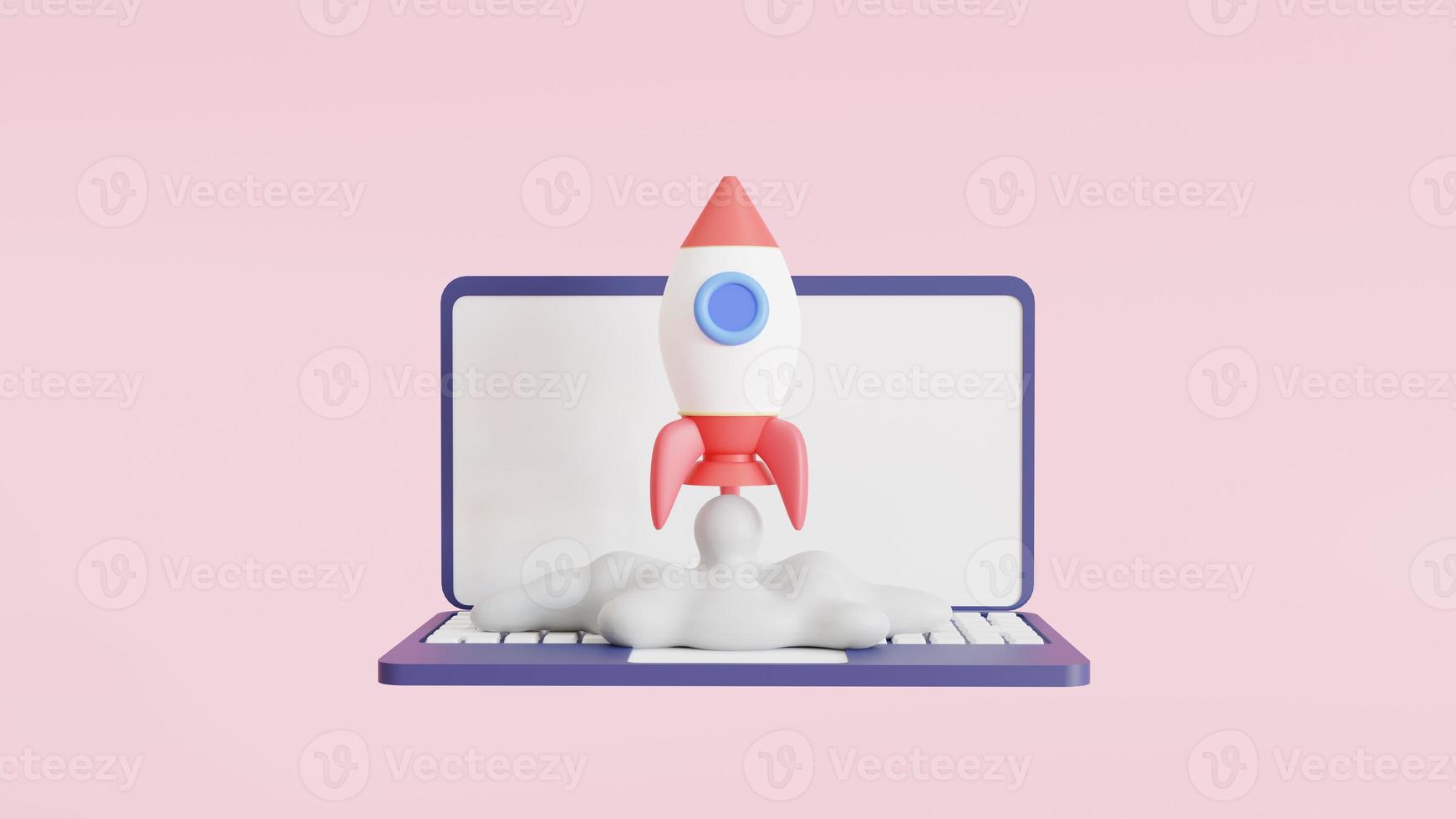 Toy rocket takes spewing smoke on the laptop. The symbol for success is Start-up education and knowledge. 3D illustration photo