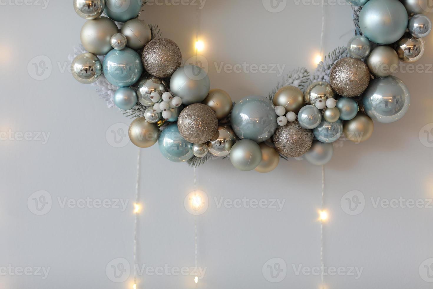 White Christmas background. White Christmas wreath on white background. Copy space. selective focus. photo