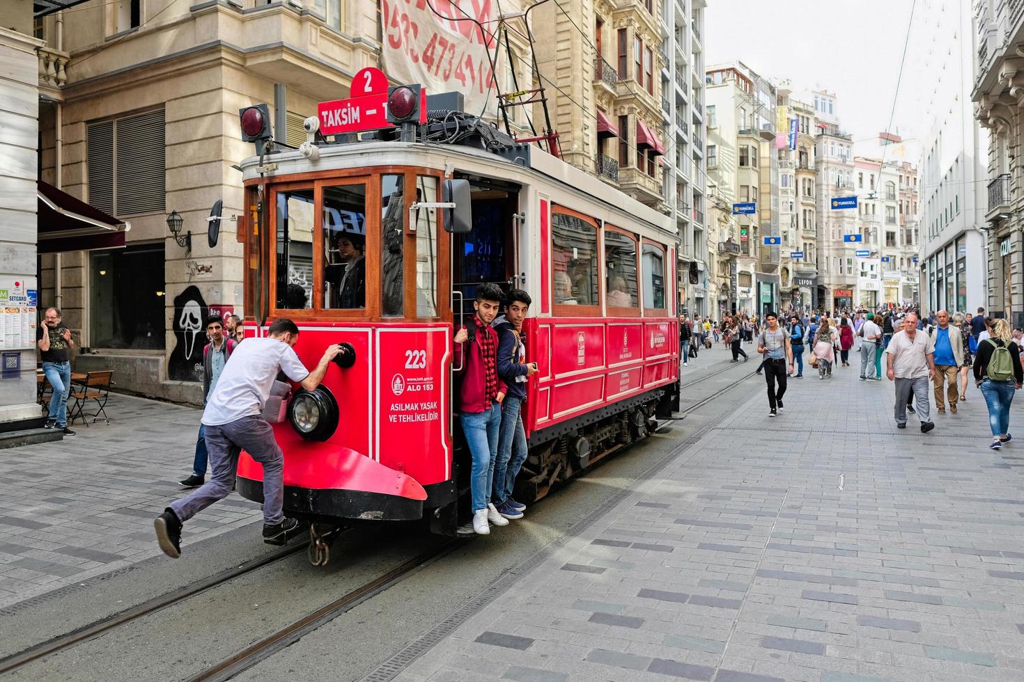 ISTANBUL, TURKEY, 2018  -  Vintage tram in Istanbul Turkey on May 25, 2018. Unidentified people photo
