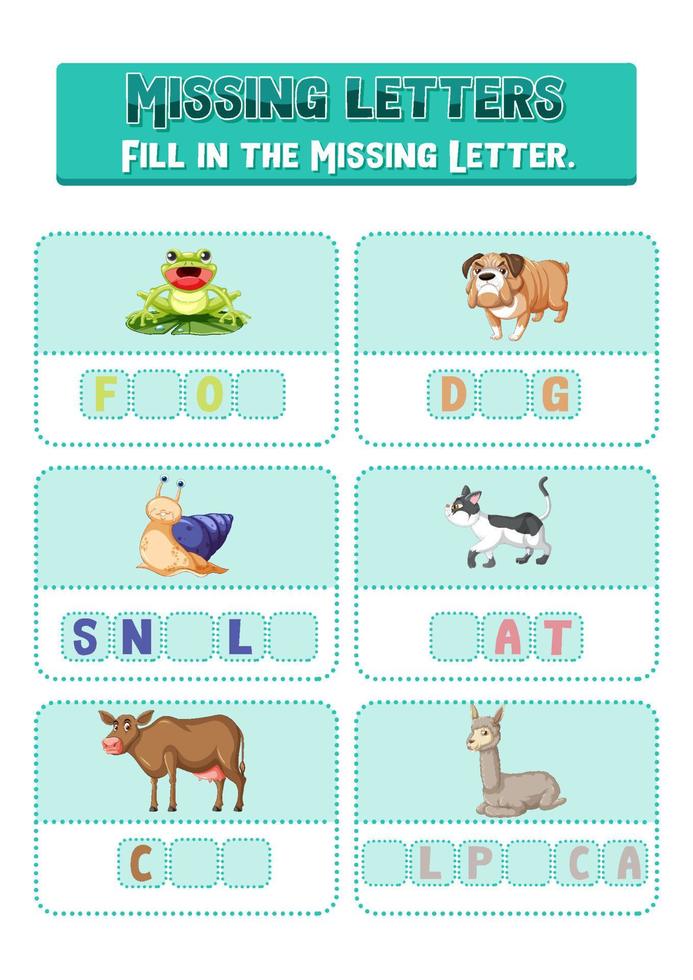 Fill the missing letter of each word worksheet for children 6592572 Vector  Art at Vecteezy