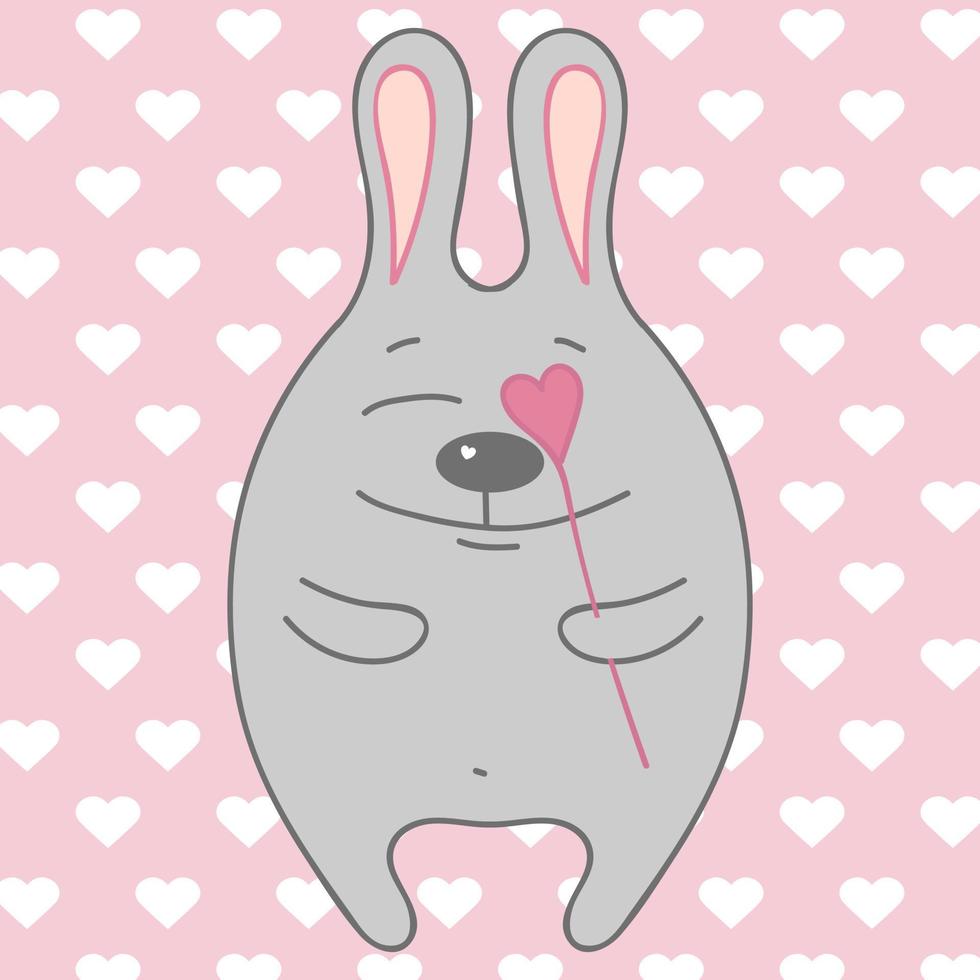 Vector Valentine's Day greeting card template with a rabbit in love with a heart on a stick