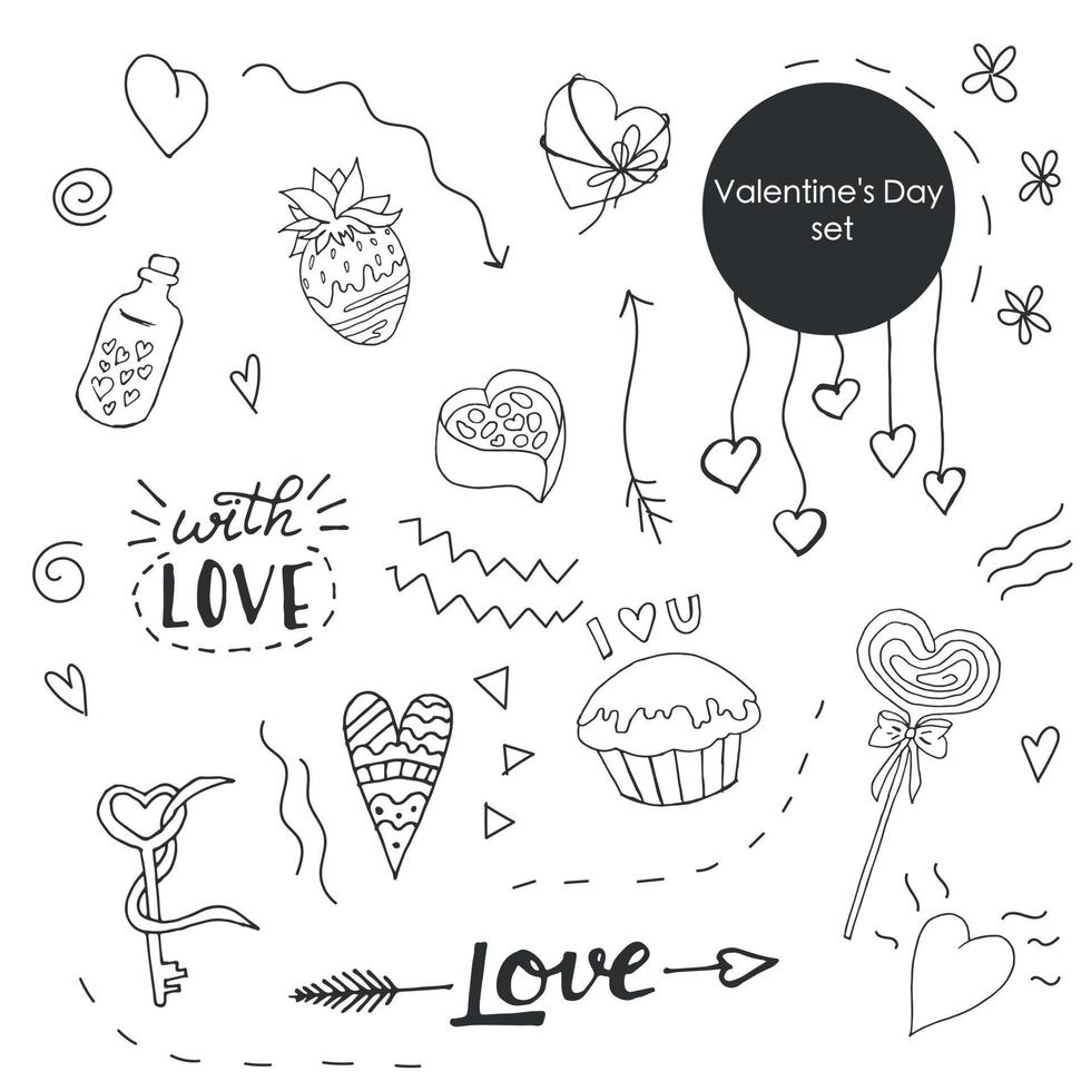 Set of doodles for Valentine's Day. Vector illustration. Valentine's day set. Contour illustration.