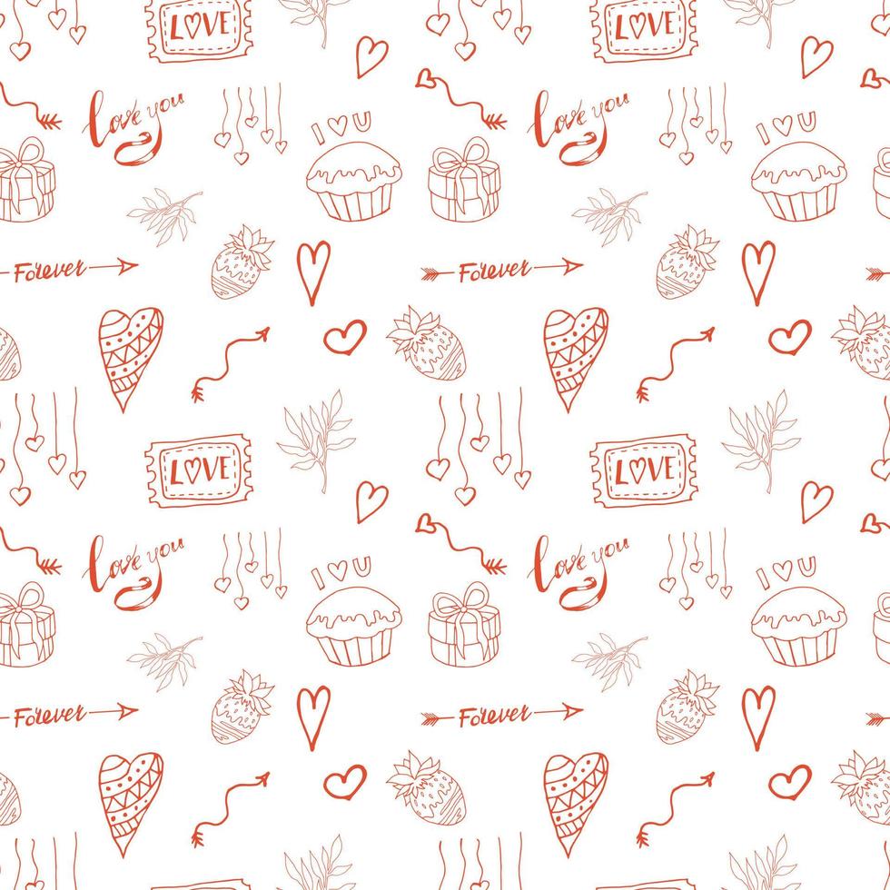 Festive seamless pattern. Valentine's day pattern. Vector illustration. White background. Red outline.