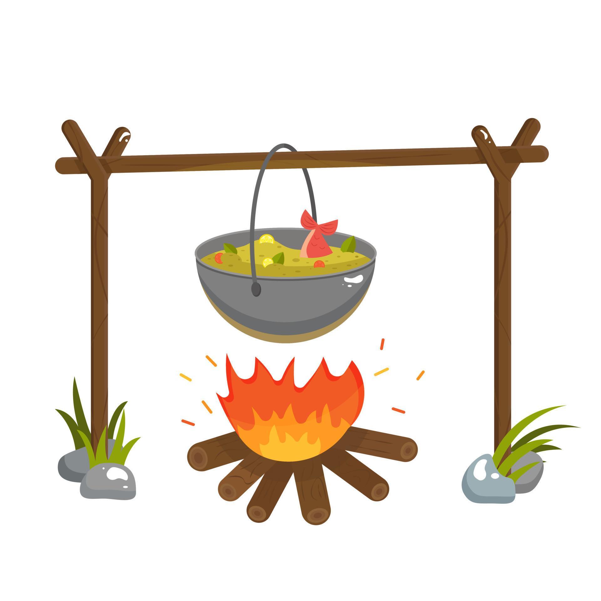 A separate element. Outdoor food. A pot on the fire. Soup. Vector