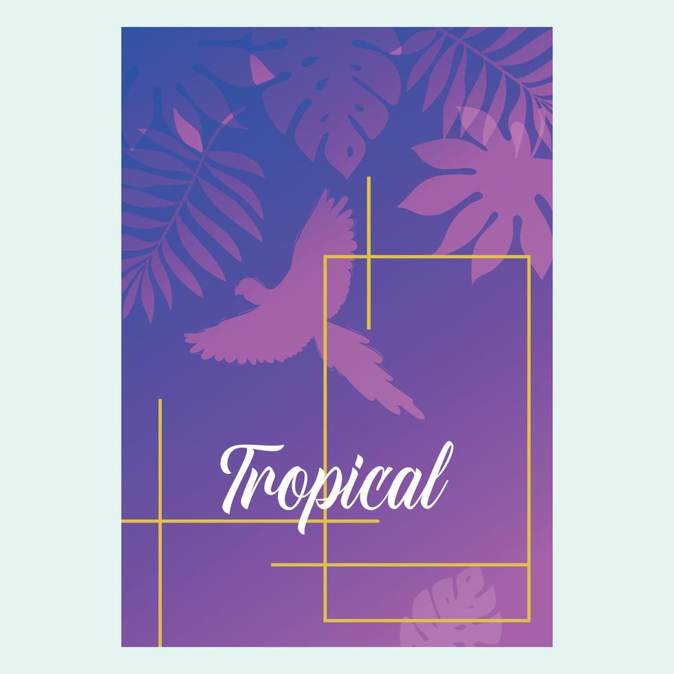 Vector greeting card with tropical plants for a holiday or a party. An invitation to a wedding. The outline of a parrot.