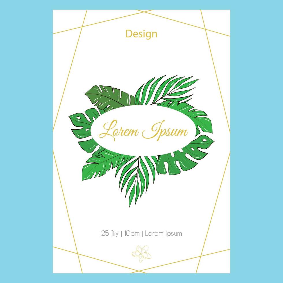 Vector greeting card with tropical plants for a holiday or a party. An invitation to a wedding. Gold frame.