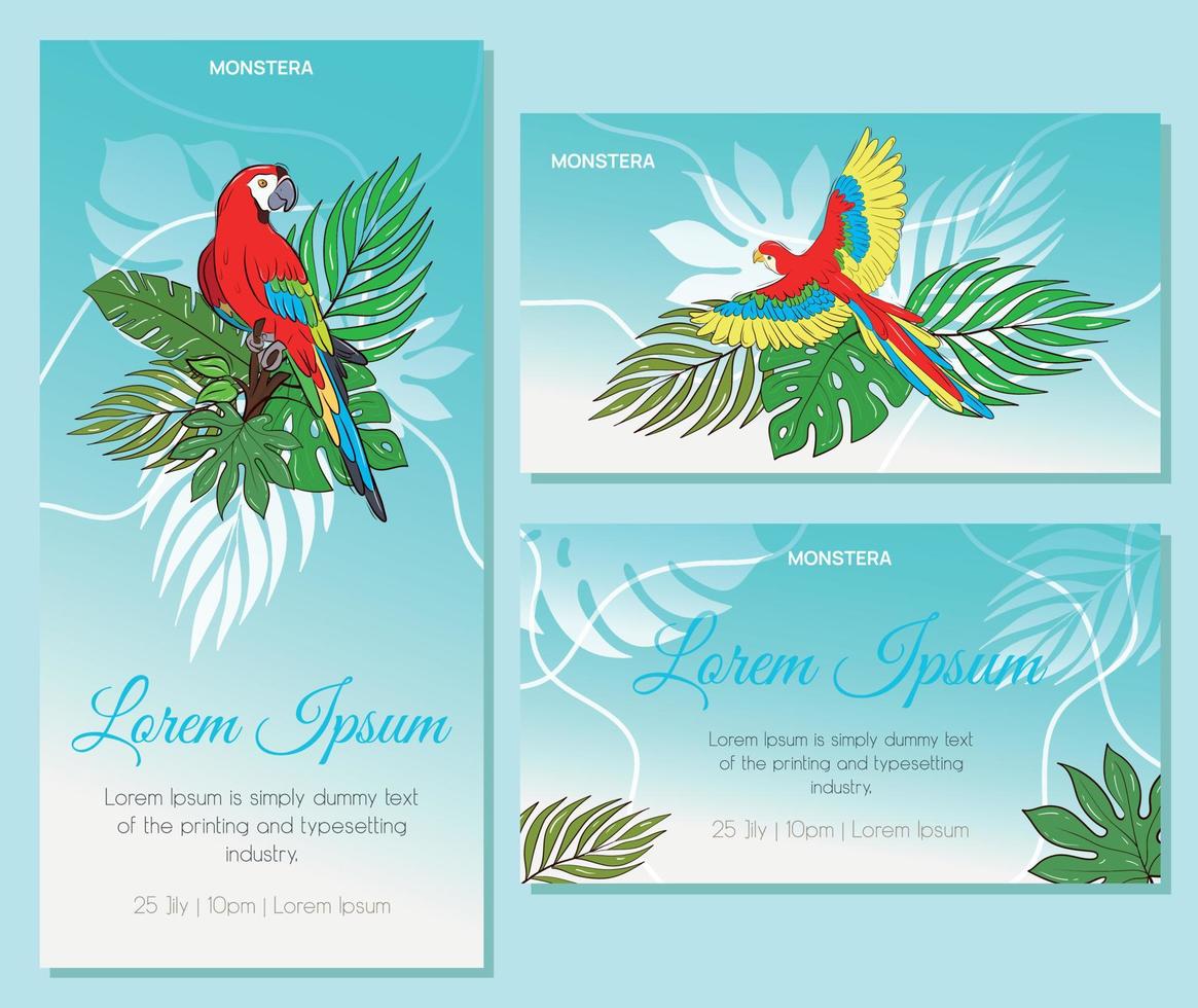 Vector greeting card with tropical plants for a holiday or a party. A set of thematic business cards. Parrot. Blue gradient.