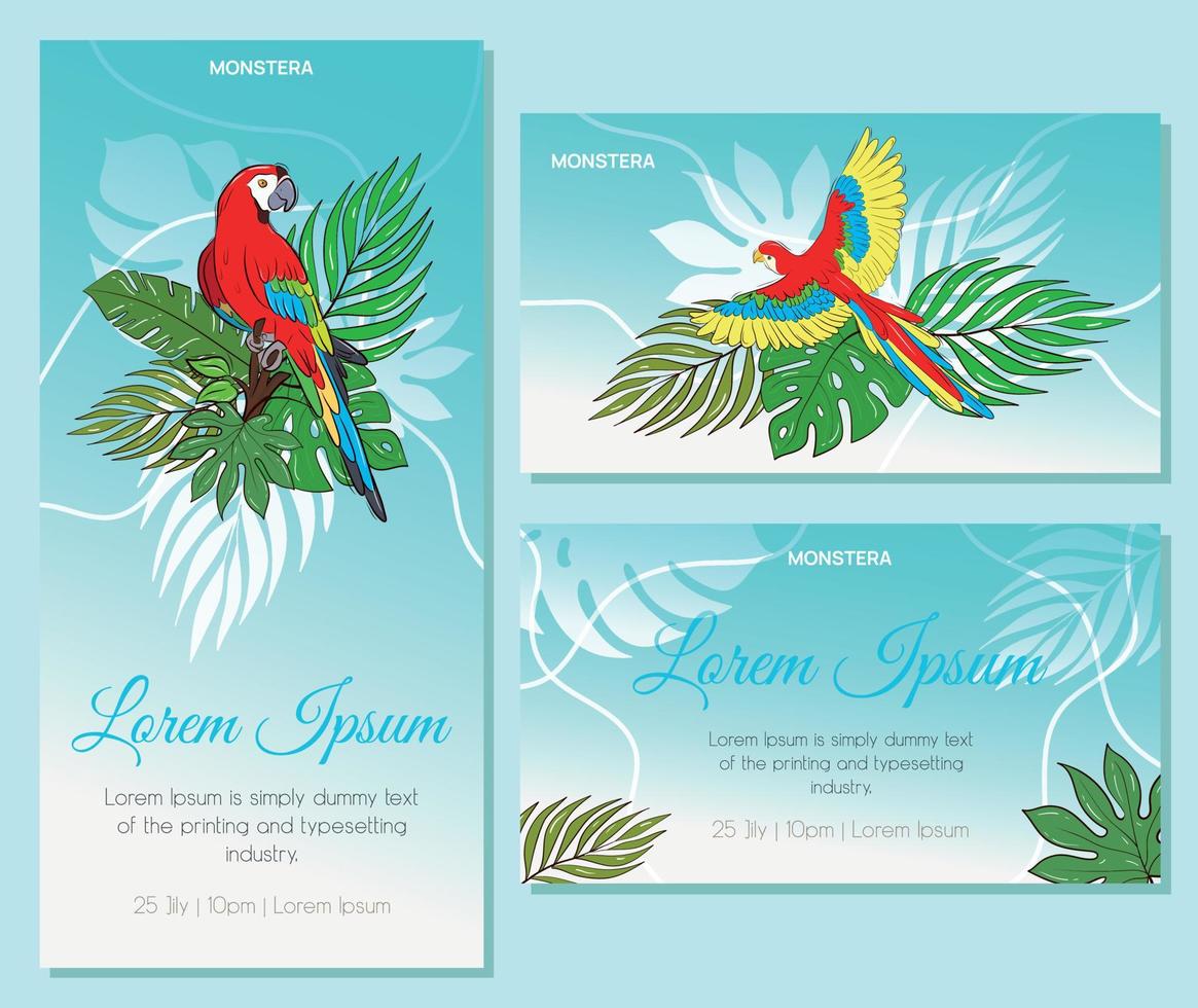 tarjeta de felicitación vectorial con plantas tropicales para unas vacaciones o una fiesta. un conjunto de tarjetas de visita temáticas. loro. degradado azul vector