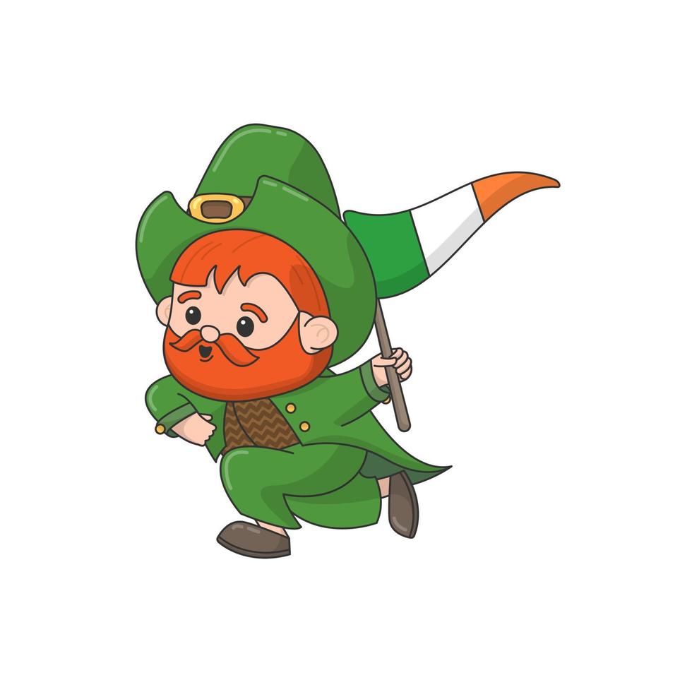 carácter vectorial para st. día de San Patricio. un duende con una bandera en la mano. hombre corriendo con un traje verde. ilustración vectorial vector de acciones barba roja.