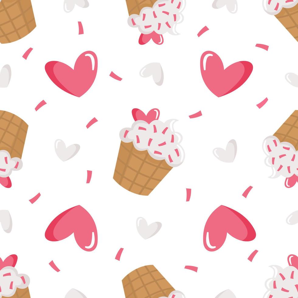 Vector seamless pattern with cute cartoon creamy cupcakes decorated with hearts and sprinkles.  Illustration for fabric, textile, wrapping paper.