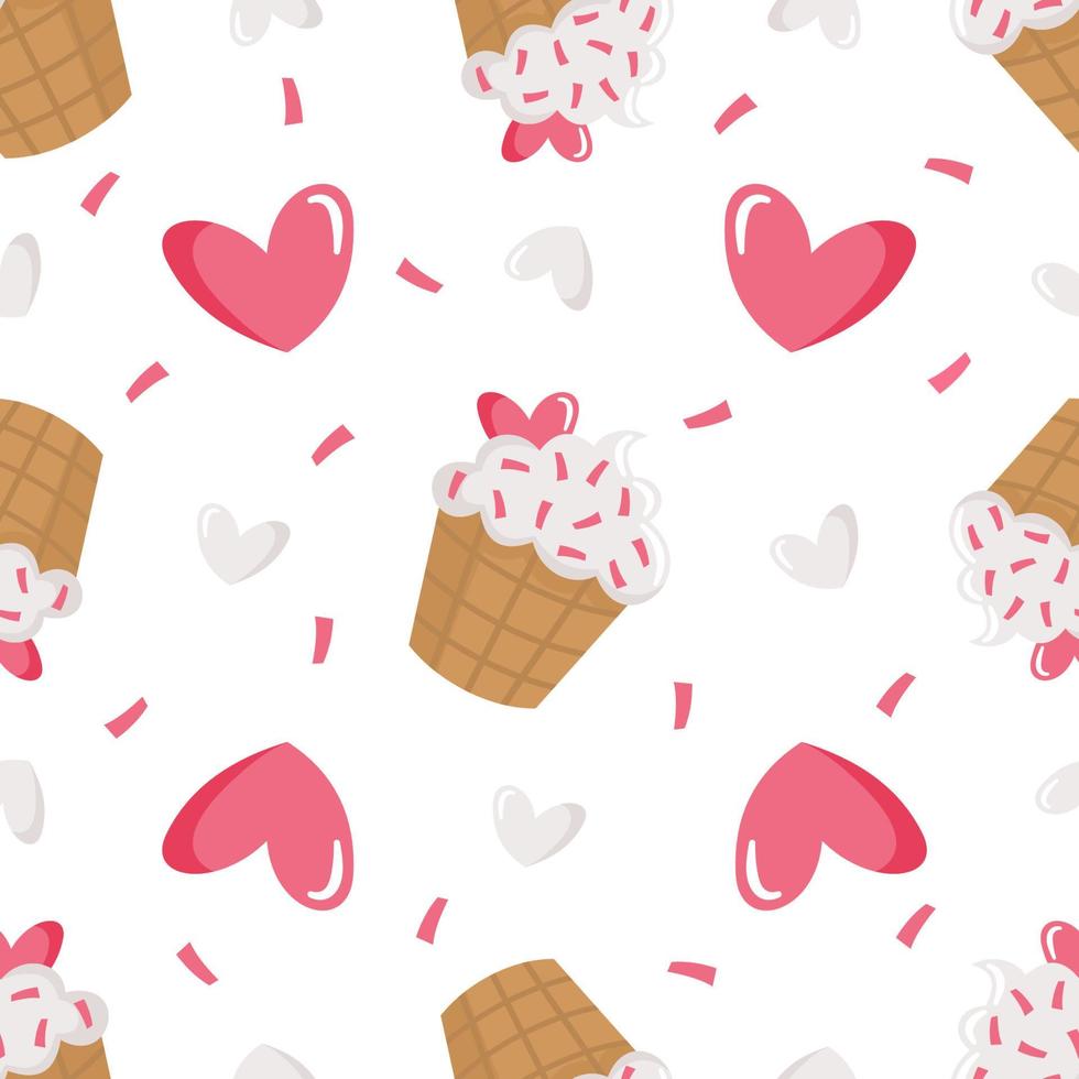 patrón vectorial sin costuras con lindos cupcakes cremosos de dibujos animados decorados con corazones y chispas. ilustración para tela, textil, papel de regalo. vector