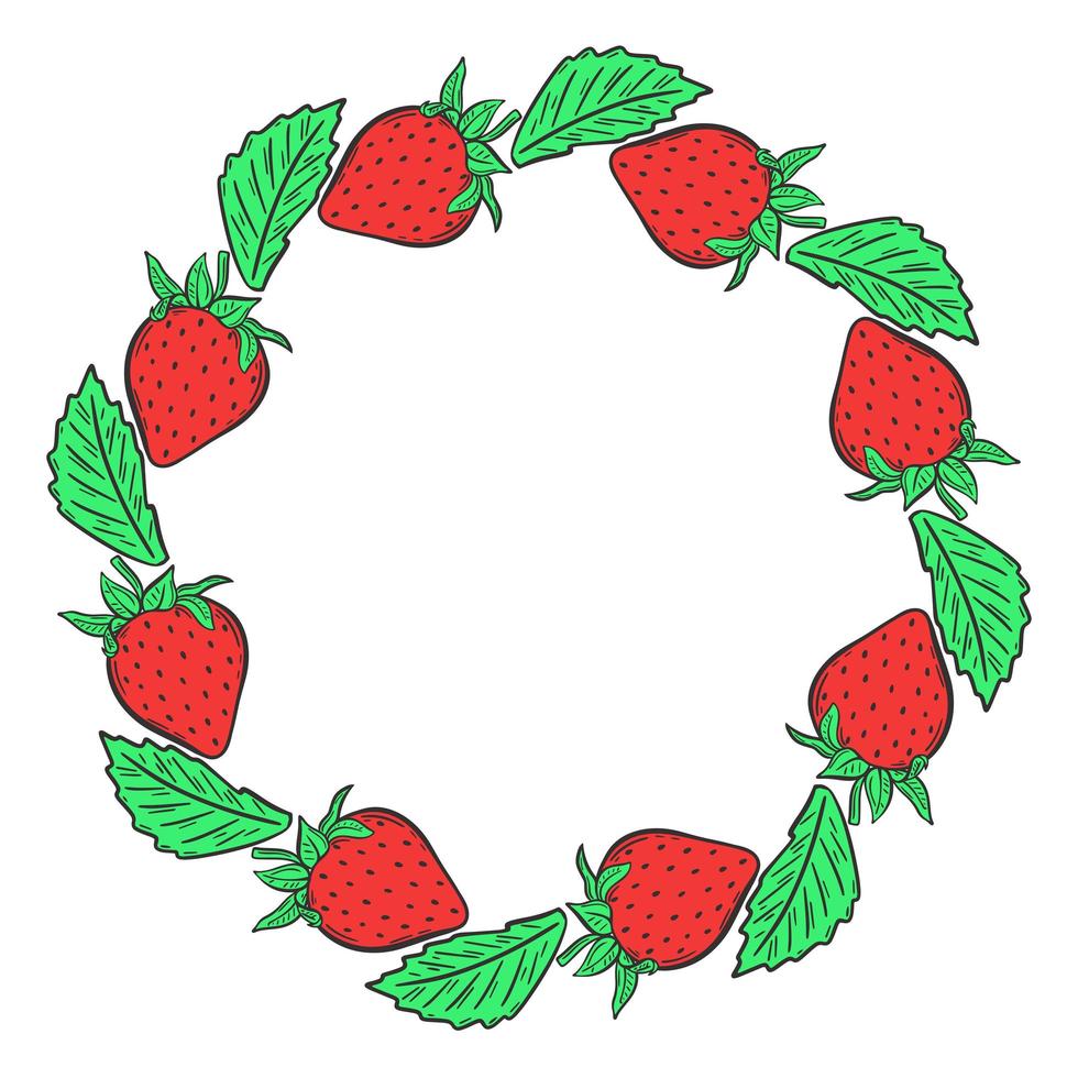 Round frame with strawberries and leaves vector illustration