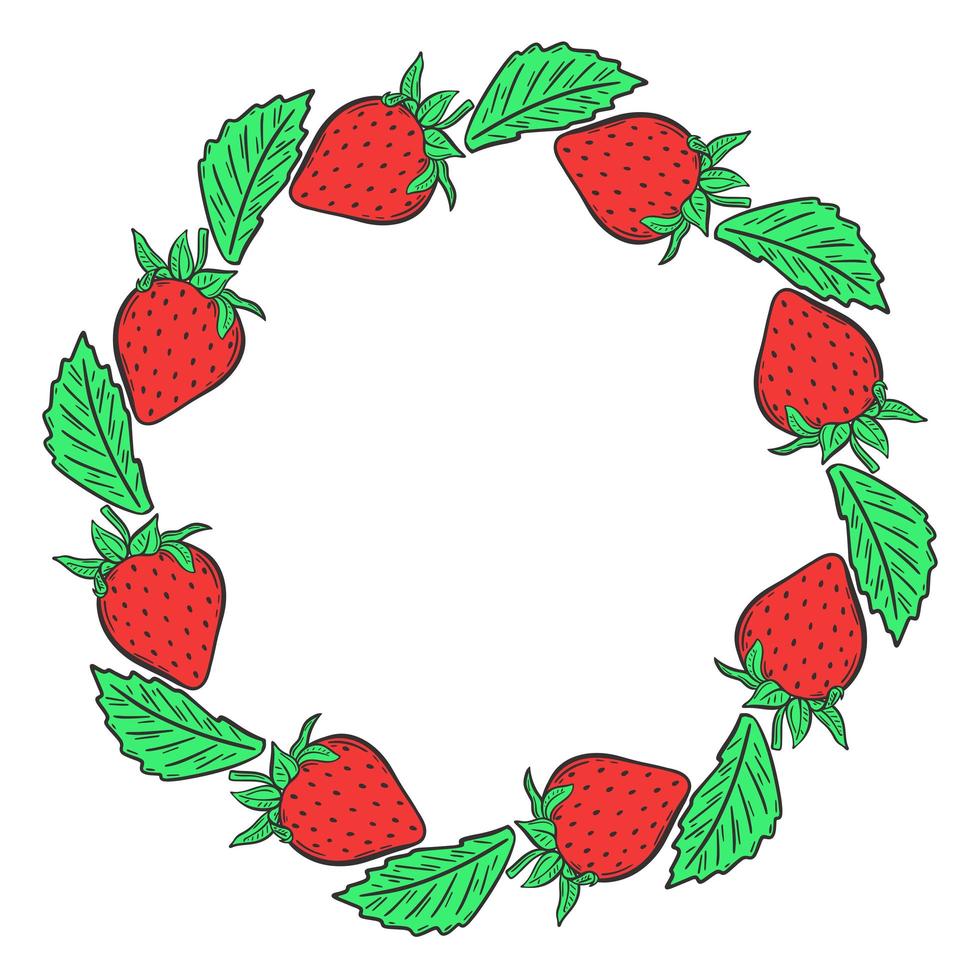 Round frame with strawberries and leaves vector illustration