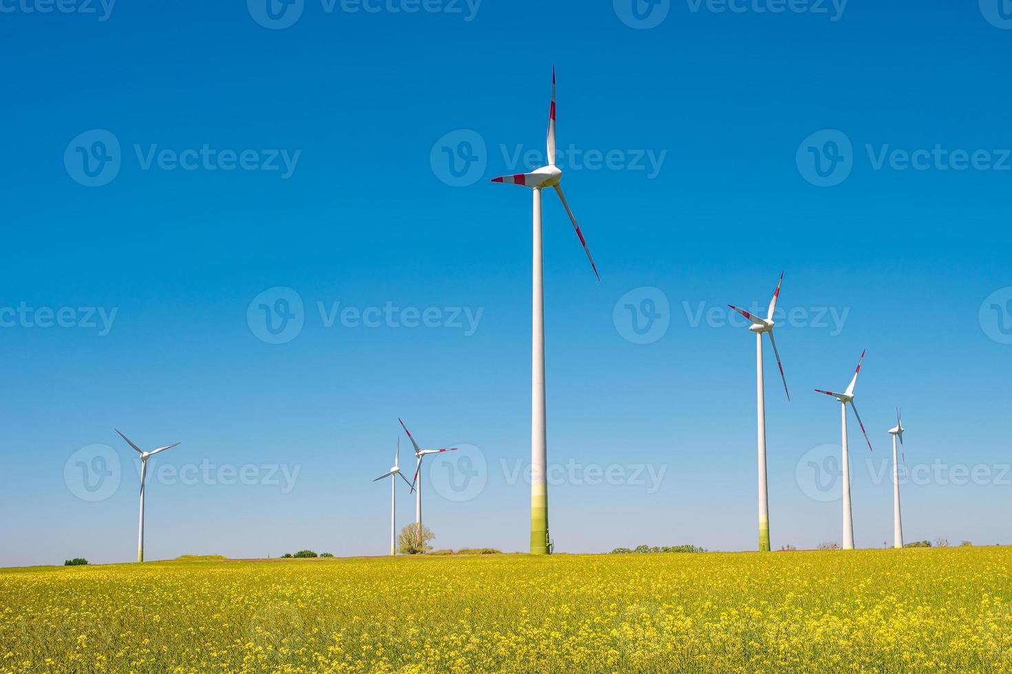 View over beautiful farm landscape with rapeseed yellow at blossom field, wind turbines to produce green energy in Germany, Spring, blue sky and sunny day. photo