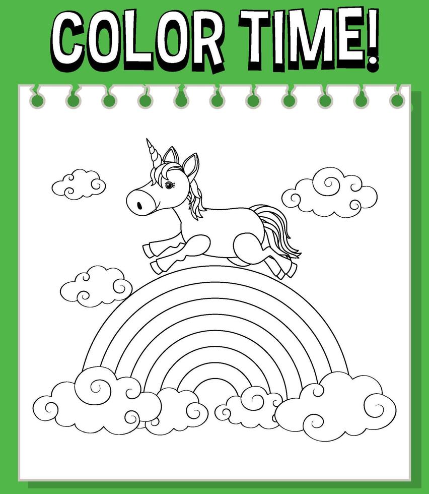 Worksheets template with color time text and rainbow with Unicorn outline vector