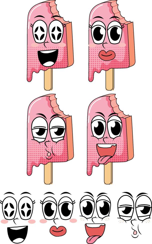 Set of facial expression vintage style cartoon with icecream on white background vector