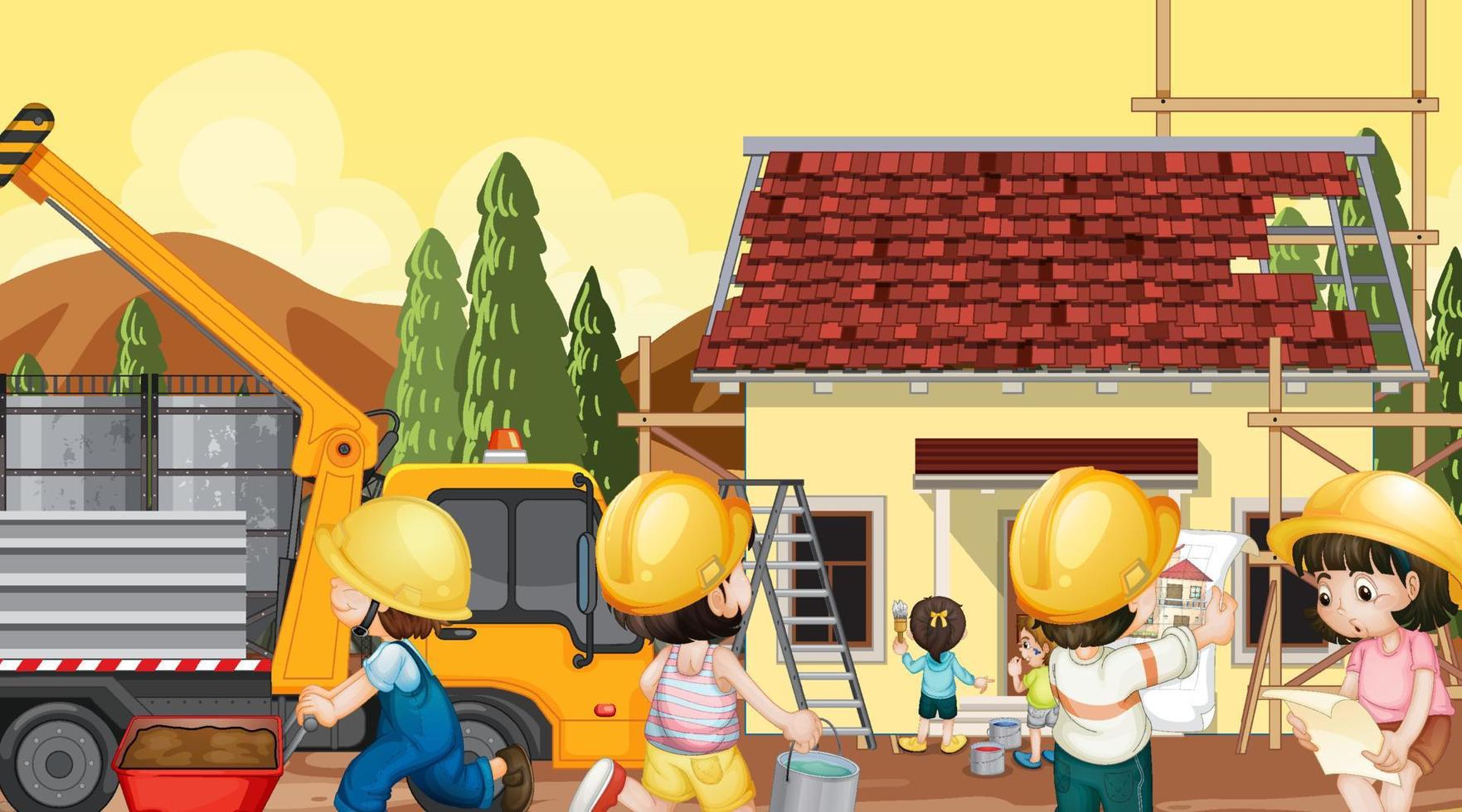 Building house construction site and workers vector